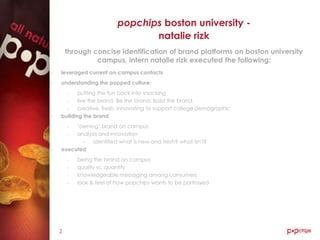 popchips boston university -
                                  natalie rizk
        through concise identification of brand platforms on boston university
                 campus, intern natalie rizk executed the following:
-   leveraged current on-campus contacts
-   understanding the popped culture:
        -  putting the fun back into snacking
      -    live the brand. Be the brand. Build the brand.
      -    creative, fresh, innovating to support college demographic
-   building the brand
        -‘owning’ brand on campus
      -  analysis and innovation
           -   identified what is new and fresh? what isn't?
-   executed
        -   being the brand on campus
        -   quality vs. quantity
        -   knowledgeable messaging among consumers
        -   look & feel of how popchips wants to be portrayed




    2
 