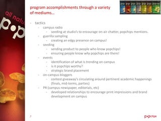 program accomplishments through a variety
of mediums…

- tactics
    -   campus radio
          - seeding at studio’s to encourage on-air chatter, popchips mentions.
    -   guerilla sampling
          - creating an edgy presence on campus!
    -   seeding
          - sending product to people who know popchips!
          - ensuring people know why popchips are there!
    -   events
          - identification of what is trending on campus
          - is it popchips worthy?
          - strategic brand placement
    -   on-campus bloggers
          - contest giveaway’s circulating around pertinent academic happenings
              (finals, mid-terms, parties)
    -   PR (campus newspaper, editorials, etc)
          - developed relationships to encourage print impressions and brand
              development on campus




7
 