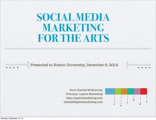 SOCIAL MEDIA
                              MARKETING
                             FOR THE ARTS

                          Presented to Boston University, December 6, 2012




                                                 from Charles McEnerney
                                             Principal, Layers Marketing
                                              http://layersmarketing.com
                                            charlie@layersmarketing.com




Monday, December 10, 12
 