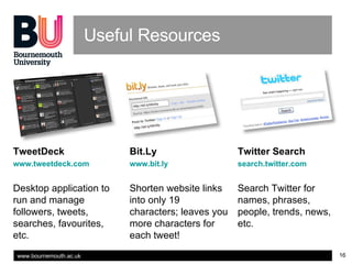 Useful Resources TweetDeck www.tweetdeck.com Desktop application to run and manage followers, tweets, searches, favourites...