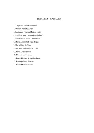 13
LISTA DE ENTREVISTADOS
1. Abigail de Jesus Bracarense
2. Danival Roberto Alves
3. Euphranor Ferreira Martins Júnior
4. Irmã Maria do Loreto (Ruth Gebrin)
5. Irmã Patrícia Maria Castanheira
6. Maria Antonieta Borges Lopes
7. Maria Élida da Silva
8. Maria de Lourdes Melo Prais
9. Mário Alves Franchi
10. Newton Luís Mamede
11. Padre Thomaz de Aquino Prata
12. Paulo Roberto Ferreira
13. Sônia Maria Fontoura
 