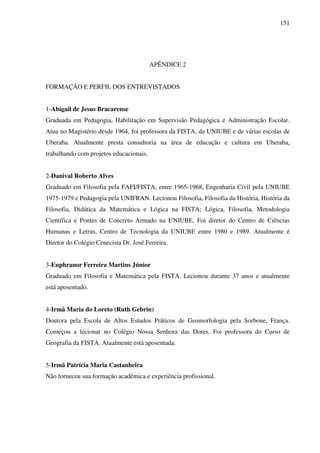 151
APÊNDICE 2
FORMAÇÃO E PERFIL DOS ENTREVISTADOS
1-Abigail de Jesus Bracarense
Graduada em Pedagogia, Habilitação em Supervisão Pedagógica e Administração Escolar.
Atua no Magistério desde 1964, foi professora da FISTA, da UNIUBE e de várias escolas de
Uberaba. Atualmente presta consultoria na área de educação e cultura em Uberaba,
trabalhando com projetos educacionais.
2-Danival Roberto Alves
Graduado em Filosofia pela FAFI/FISTA, entre 1965-1968, Engenharia Civil pela UNIUBE
1975-1979 e Pedagogia pela UNIFRAN. Lecionou Filosofia, Filosofia da História, História da
Filosofia, Didática da Matemática e Lógica na FISTA; Lógica, Filosofia, Metodologia
Científica e Pontes de Concreto Armado na UNIUBE. Foi diretor do Centro de Ciências
Humanas e Letras, Centro de Tecnologia da UNIUBE entre 1980 e 1989. Atualmente é
Diretor do Colégio Cenecista Dr. José Ferreira.
3-Euphranor Ferreira Martins Júnior
Graduado em Filosofia e Matemática pela FISTA. Lecionou durante 37 anos e atualmente
está aposentado.
4-Irmã Maria do Loreto (Ruth Gebrin)
Doutora pela Escola de Altos Estudos Práticos de Geomorfologia pela Sorbone, França.
Começou a lecionar no Colégio Nossa Senhora das Dores. Foi professora do Curso de
Geografia da FISTA. Atualmente está aposentada.
5-Irmã Patrícia Maria Castanheira
Não forneceu sua formação acadêmica e experiência profissional.
 