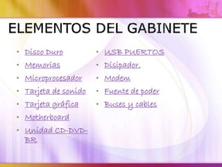 • Disco Duro
• Memorias
• Microprocesador
• Tarjeta de sonido
• Tarjeta gráfica
• Motherboard
• Unidad CD-DVD-
BR
• USB PUERTOS
• Disipador.
• Modem
• Fuente de poder
• Buses y cables
 