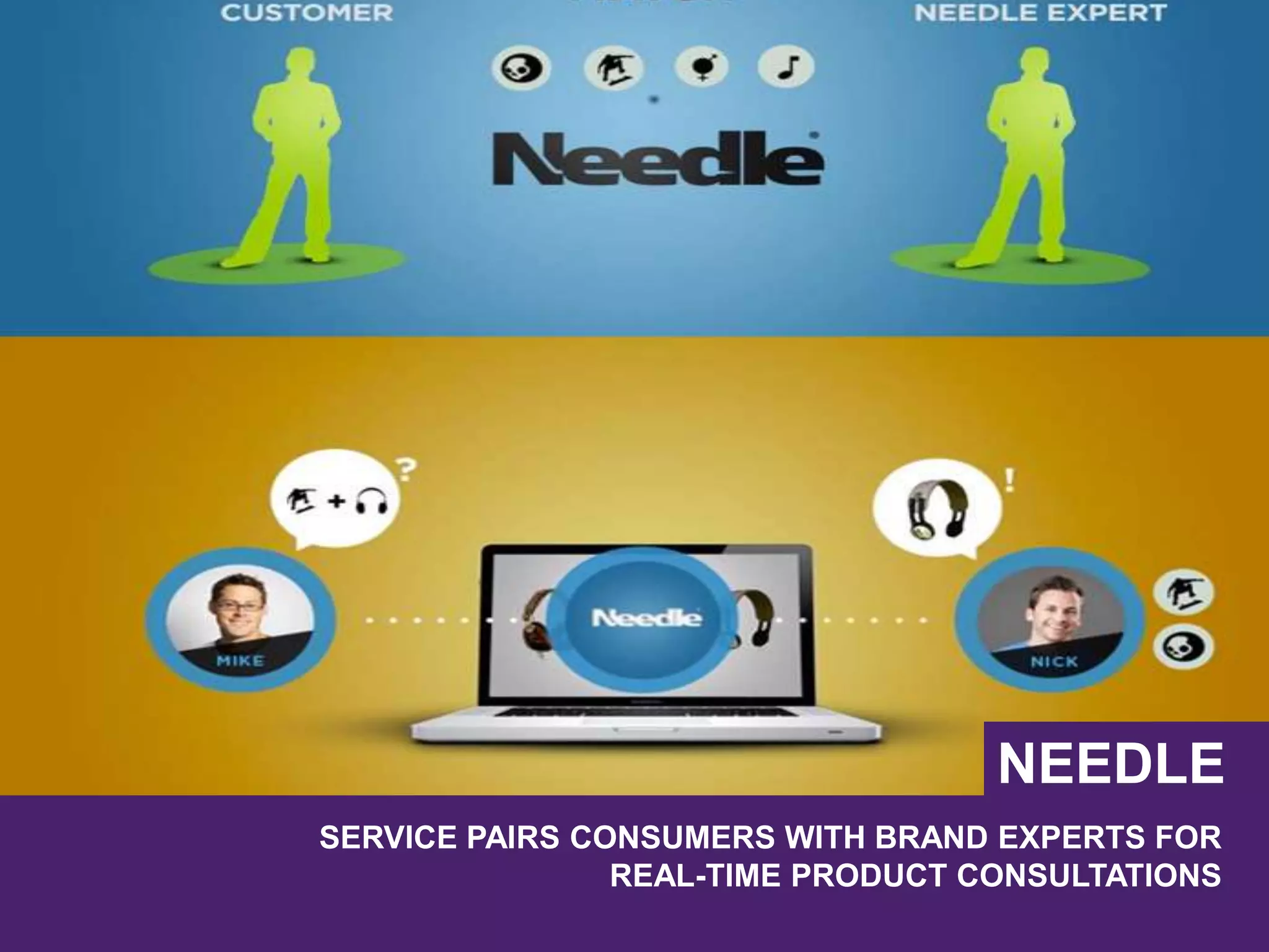 SERVICE PAIRS CONSUMERS WITH BRAND EXPERTS FOR
REAL-TIME PRODUCT CONSULTATIONS
NEEDLE
 