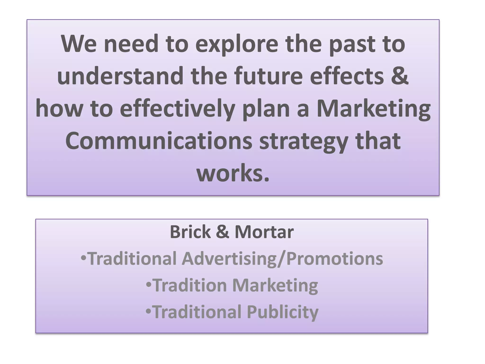 We need to explore the past to
understand the future effects &
how to effectively plan a Marketing
Communications strategy that
works.
Brick & Mortar
•Traditional Advertising/Promotions
•Tradition Marketing
•Traditional Publicity
 