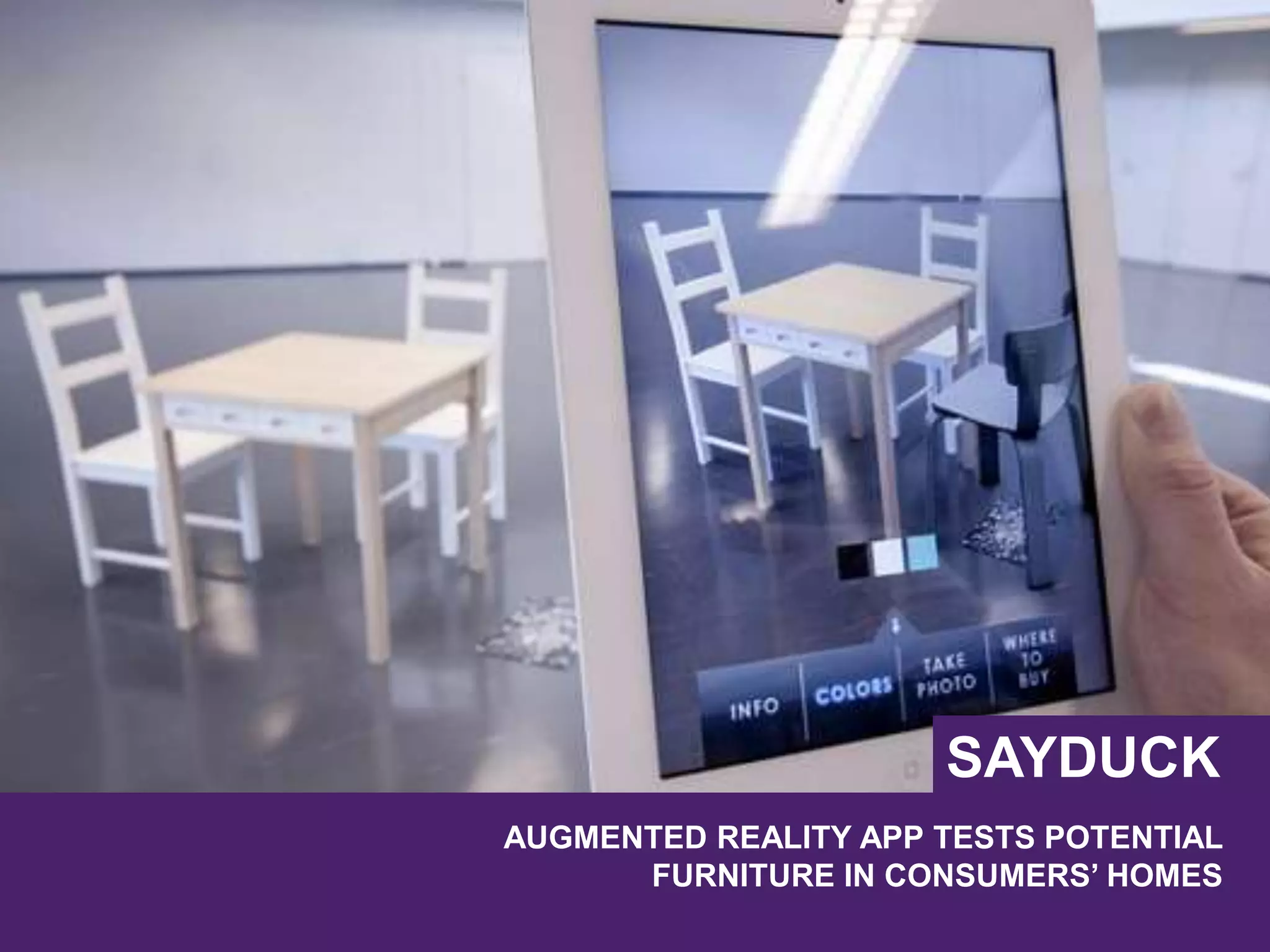 AUGMENTED REALITY APP TESTS POTENTIAL
FURNITURE IN CONSUMERS’ HOMES
SAYDUCK
 