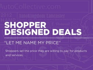 Layered Virtual
Showcase
A new set of digital services are enabling shoppers to visually experience
and experiment with products before they buy.
With a growing level of peer to peer communities that are working together
and searching for service answers, the right information is being rewarded
and being presented in easy formats for large groups of people to use and
share.
“LET ME NAME MY PRICE”
 