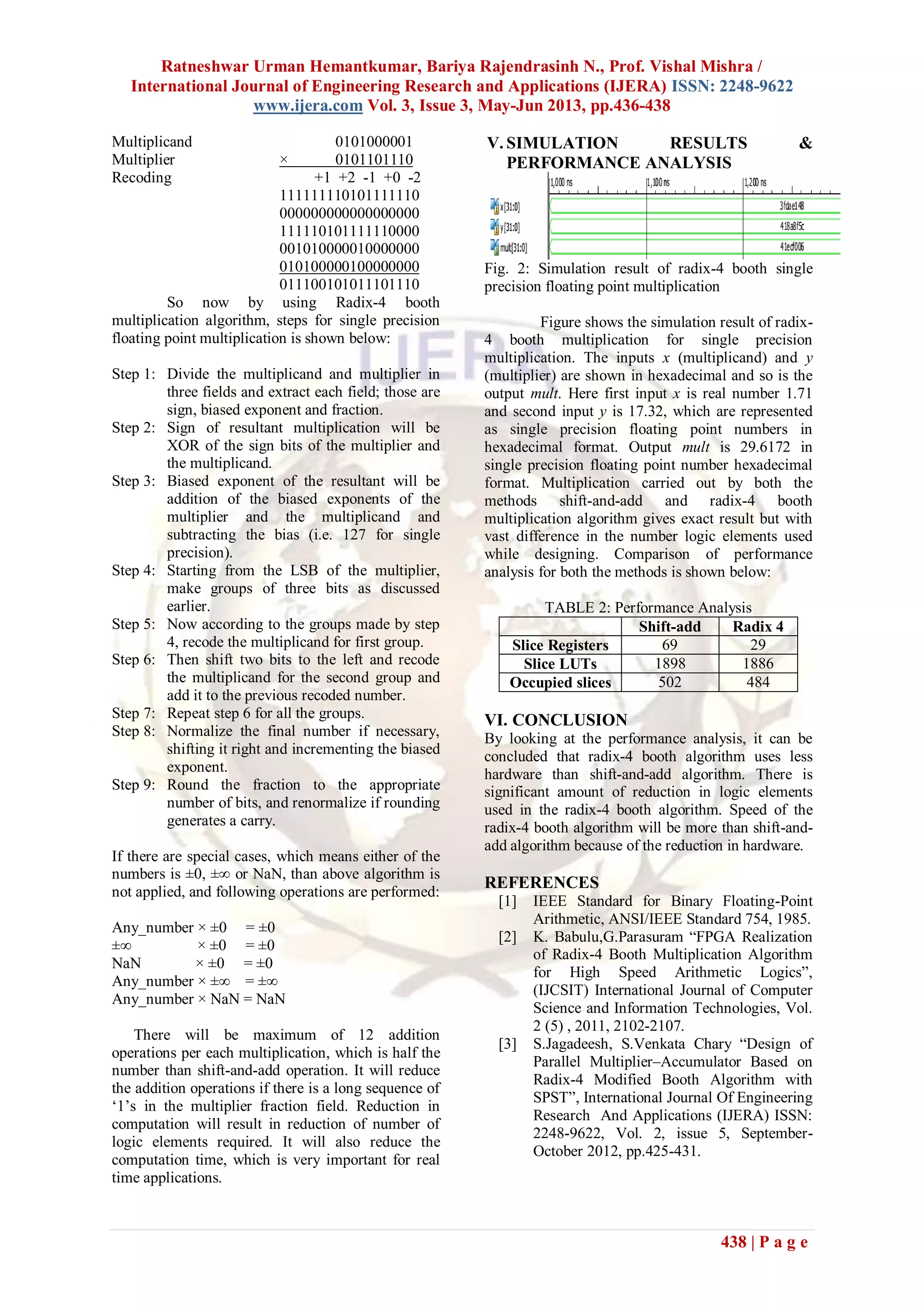 Ratneshwar Urman Hemantkumar, Bariya Rajendrasinh N., Prof. Vishal Mishra /
International Journal of Engineering Research and Applications (IJERA) ISSN: 2248-9622
www.ijera.com Vol. 3, Issue 3, May-Jun 2013, pp.436-438
438 | P a g e
Multiplicand 0101000001
Multiplier × 0101101110
Recoding +1 +2 -1 +0 -2
111111110101111110
000000000000000000
111110101111110000
001010000010000000
010100000100000000
011100101011101110
So now by using Radix-4 booth
multiplication algorithm, steps for single precision
floating point multiplication is shown below:
Step 1: Divide the multiplicand and multiplier in
three fields and extract each field; those are
sign, biased exponent and fraction.
Step 2: Sign of resultant multiplication will be
XOR of the sign bits of the multiplier and
the multiplicand.
Step 3: Biased exponent of the resultant will be
addition of the biased exponents of the
multiplier and the multiplicand and
subtracting the bias (i.e. 127 for single
precision).
Step 4: Starting from the LSB of the multiplier,
make groups of three bits as discussed
earlier.
Step 5: Now according to the groups made by step
4, recode the multiplicand for first group.
Step 6: Then shift two bits to the left and recode
the multiplicand for the second group and
add it to the previous recoded number.
Step 7: Repeat step 6 for all the groups.
Step 8: Normalize the final number if necessary,
shifting it right and incrementing the biased
exponent.
Step 9: Round the fraction to the appropriate
number of bits, and renormalize if rounding
generates a carry.
If there are special cases, which means either of the
numbers is ±0, ±∞ or NaN, than above algorithm is
not applied, and following operations are performed:
Any_number × ±0 = ±0
±∞ × ±0 = ±0
NaN × ±0 = ±0
Any_number × ±∞ = ±∞
Any_number × NaN = NaN
There will be maximum of 12 addition
operations per each multiplication, which is half the
number than shift-and-add operation. It will reduce
the addition operations if there is a long sequence of
„1‟s in the multiplier fraction field. Reduction in
computation will result in reduction of number of
logic elements required. It will also reduce the
computation time, which is very important for real
time applications.
V. SIMULATION RESULTS &
PERFORMANCE ANALYSIS
Fig. 2: Simulation result of radix-4 booth single
precision floating point multiplication
Figure shows the simulation result of radix-
4 booth multiplication for single precision
multiplication. The inputs x (multiplicand) and y
(multiplier) are shown in hexadecimal and so is the
output mult. Here first input x is real number 1.71
and second input y is 17.32, which are represented
as single precision floating point numbers in
hexadecimal format. Output mult is 29.6172 in
single precision floating point number hexadecimal
format. Multiplication carried out by both the
methods shift-and-add and radix-4 booth
multiplication algorithm gives exact result but with
vast difference in the number logic elements used
while designing. Comparison of performance
analysis for both the methods is shown below:
TABLE 2: Performance Analysis
Shift-add Radix 4
Slice Registers 69 29
Slice LUTs 1898 1886
Occupied slices 502 484
VI. CONCLUSION
By looking at the performance analysis, it can be
concluded that radix-4 booth algorithm uses less
hardware than shift-and-add algorithm. There is
significant amount of reduction in logic elements
used in the radix-4 booth algorithm. Speed of the
radix-4 booth algorithm will be more than shift-and-
add algorithm because of the reduction in hardware.
REFERENCES
[1] IEEE Standard for Binary Floating-Point
Arithmetic, ANSI/IEEE Standard 754, 1985.
[2] K. Babulu,G.Parasuram “FPGA Realization
of Radix-4 Booth Multiplication Algorithm
for High Speed Arithmetic Logics”,
(IJCSIT) International Journal of Computer
Science and Information Technologies, Vol.
2 (5) , 2011, 2102-2107.
[3] S.Jagadeesh, S.Venkata Chary “Design of
Parallel Multiplier–Accumulator Based on
Radix-4 Modified Booth Algorithm with
SPST”, International Journal Of Engineering
Research And Applications (IJERA) ISSN:
2248-9622, Vol. 2, issue 5, September-
October 2012, pp.425-431.
 