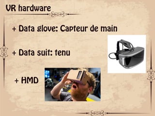 ok
VR hardware
+ Data glove: Capteur de main
+ Data suit: tenu
+ HMD
 