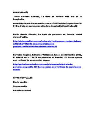 BIBLIOGRAFÍA
Javier Arellano Ramírez, La trata en Puebla: más allá de lo
imaginable
more:http://www.diariocambio.com.mx/2013/opinion/cupula/item/36
511-la-trata-en-puebla-mas-alla-de-lo-imaginable#ixzz2vu0ag1Z
Rocío García Olmedo, La trata de personas en Puebla, portal
status Puebla.
http://statuspuebla.com.mx/index.php?option=com_content&view=
article&id=9128:la-trata-de-personas-en-
puebla&catid=56:testimoniales&Itemid=57
Salvador Rugerio, Edmundo Velázquez, lunes, 25 Noviembre 2013,
El #MAPA de la TRATA de personas en Puebla: 107 bares operan
con víctimas de explotación sexual.
http://periodicocentral.mx/nota-roja/el-mapa-de-la-trata-de-
personas-en-puebla-107-bares-operan-con-victimas-de-explotacion-
sexual
CITAS TEXTUALES
Diario cambio
Status puebla
Periódico central
 