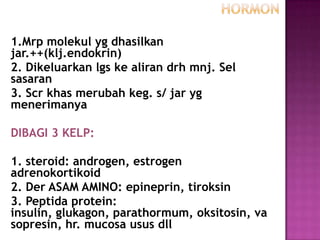 1.Mrp molekul yg dhasilkan
jar.++(klj.endokrin)
2. Dikeluarkan lgs ke aliran drh mnj. Sel
sasaran
3. Scr khas merubah keg. s/ jar yg
menerimanya
DIBAGI 3 KELP:
1. steroid: androgen, estrogen
adrenokortikoid
2. Der ASAM AMINO: epineprin, tiroksin
3. Peptida protein:
insulin, glukagon, parathormum, oksitosin, va
sopresin, hr. mucosa usus dll
 