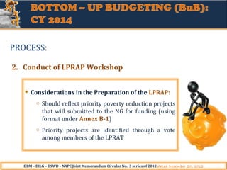 PROCESS:
2. Conduct of LPRAP Workshop
Considerations in the Preparation of the LPRAP:
o

Should reflect priority poverty reduction projects
that will submitted to the NG for funding (using
format under Annex B-1)

o

Priority projects are identified through a vote
among members of the LPRAT

DBM – DILG – DSWD – NAPC Joint Memorandum Circular No. 3 series of 2012 dated December 20, 2012

 