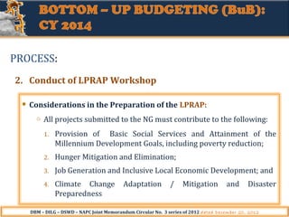 PROCESS:
2. Conduct of LPRAP Workshop
Considerations in the Preparation of the LPRAP:
o

All projects submitted to the NG must contribute to the following:
1.

Provision of Basic Social Services and Attainment of the
Millennium Development Goals, including poverty reduction;

2.

Hunger Mitigation and Elimination;

3.

Job Generation and Inclusive Local Economic Development; and

4.

Climate Change
Preparedness

Adaptation

/

Mitigation

and

Disaster

DBM – DILG – DSWD – NAPC Joint Memorandum Circular No. 3 series of 2012 dated December 20, 2012

 
