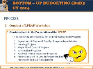 PROCESS:
2. Conduct of LPRAP Workshop
Considerations in the Preparation of the LPRAP:
o

The following projects may not be proposed as BuB Projects:
1.
2.
3.
4.
5.
6.

Expansion of Pantawid Pamilya Program beneficiaries
Housing Projects
Major Flood Control Projects
Vaccination Program
National Health Insurance Program
Projects related to Law Enforcement, Fire
Protection and Jail Management

DBM – DILG – DSWD – NAPC Joint Memorandum Circular No. 3 series of 2012 dated December 20, 2012

 