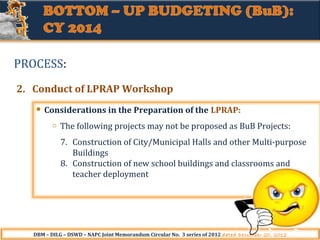PROCESS:
2. Conduct of LPRAP Workshop
Considerations in the Preparation of the LPRAP:
o

The following projects may not be proposed as BuB Projects:
7. Construction of City/Municipal Halls and other Multi-purpose
Buildings
8. Construction of new school buildings and classrooms and
teacher deployment

DBM – DILG – DSWD – NAPC Joint Memorandum Circular No. 3 series of 2012 dated December 20, 2012

 