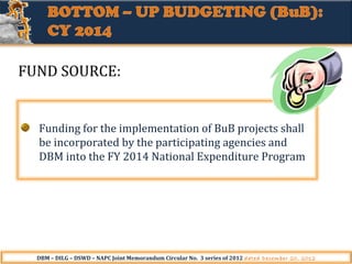 FUND SOURCE:

Funding for the implementation of BuB projects shall
be incorporated by the participating agencies and
DBM into the FY 2014 National Expenditure Program

DBM – DILG – DSWD – NAPC Joint Memorandum Circular No. 3 series of 2012 dated December 20, 2012

 