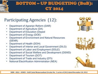 Participating Agencies (12):
•
•
•
•
•
•
•
•
•
•
•
•

Department of Agrarian Reform (DAR)
Department of Agriculture (DA)
Department of Education (Deped
Department of Energy (DOE)
Department of Environment and Natural Resources
(DENR)
Department of Health (DOH)
Department of Interior and Local Government (DILG)
Department of Labor and Employment (DOLE)
Department of Social Welfare and Development (DSWD)
Department of Tourism (DOT)
Department of Trade and Industry (DTI)
National Electrification Administration (NEA)

DBM – DILG – DSWD – NAPC Joint Memorandum Circular No. 3 series of 2012 dated December 20, 2012

 