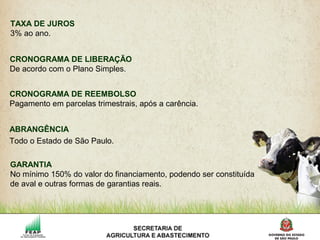 CRONOGRAMA DE LIBERAÇÃO
De acordo com o Plano Simples.
CRONOGRAMA DE REEMBOLSO
Pagamento em parcelas trimestrais, após a carência.
ABRANGÊNCIA
Todo o Estado de São Paulo.
GARANTIA
No mínimo 150% do valor do financiamento, podendo ser constituída
de aval e outras formas de garantias reais.
TAXA DE JUROS
3% ao ano.
 