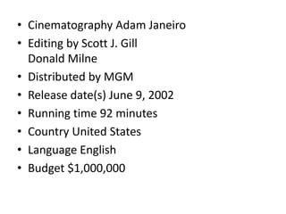 Cinematography Adam Janeiro Editing by Scott J. GillDonald Milne Distributed by MGM Release date(s) June 9, 2002Running time 92 minutesCountry United StatesLanguage EnglishBudget $1,000,000