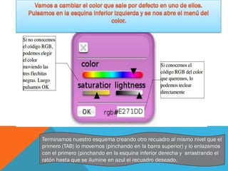Terminamos nuestro esquema creando otro recuadro al mismo nivel que el
primero (TAB) lo movemos (pinchando en la barra superior) y lo enlazamos
con el primero (pinchando en la esquina inferior derecha y arrastrando el
ratón hasta que se ilumine en azul el recuadro deseado.