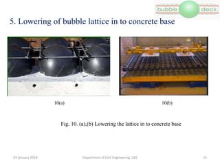5. Lowering of bubble lattice in to concrete base
Department of Civil Engineering, UEC 15
Fig. 10. (a),(b) Lowering the lattice in to concrete base
10(a) 10(b)
24 January 2018
 