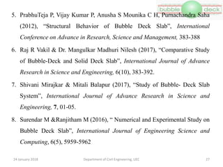 5. PrabhuTeja P, Vijay Kumar P, Anusha S Mounika C H, Purnachandra Saha
(2012), “Structural Behavior of Bubble Deck Slab”, International
Conference on Advance in Research, Science and Management, 383-388
6. Raj R Vakil & Dr. Mangulkar Madhuri Nilesh (2017), “Comparative Study
of Bubble-Deck and Solid Deck Slab”, International Journal of Advance
Research in Science and Engineering, 6(10), 383-392.
7. Shivani Mirajkar & Mitali Balapur (2017), “Study of Bubble- Deck Slab
System”, International Journal of Advance Research in Science and
Engineering, 7, 01-05.
8. Surendar M &Ranjitham M (2016), “ Numerical and Experimental Study on
Bubble Deck Slab”, International Journal of Engineering Science and
Computing, 6(5), 5959-5962
Department of Civil Engineering, UEC 2724 January 2018
 