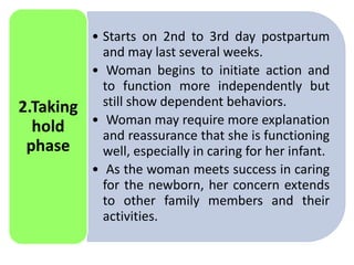 • Starts on 2nd to 3rd day postpartum
and may last several weeks.
• Woman begins to initiate action and
to function more independently but
still show dependent behaviors.
• Woman may require more explanation
and reassurance that she is functioning
well, especially in caring for her infant.
• As the woman meets success in caring
for the newborn, her concern extends
to other family members and their
activities.
2.Taking
hold
phase
 