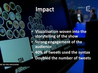 Impact
• Visualisation woven into the
storytelling of the show
• Strong engagement of the
audience
• 40% of tweets used the syntax
• Doubled the number of tweets
 