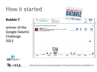How it started
Bubble-T
winner of the
Google DataViz
Challenge
2012
http://www.iri.centrepompidou.fr/experimentations/bubble-t/
 