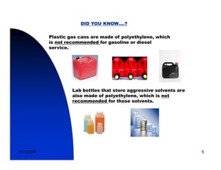 DID YOU KNOW….?

            Plastic gas cans are made of polyethylene, which
            is not recommended for gasoline or diesel
            service.




                     Lab bottles that store aggressive solvents are
                     also made of polyethylene which is not
                                   polyethylene,
                     recommended for those solvents.




5/11/2009                                                             5
 