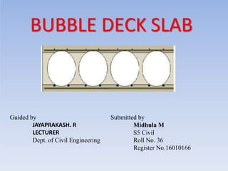 BUBBLE DECK SLAB
Submitted by
Midhula M
S5 Civil
Roll No. 36
Register No.16010166
Guided by
JAYAPRAKASH. R
LECTURER
Dept. of Civil Engineering
 