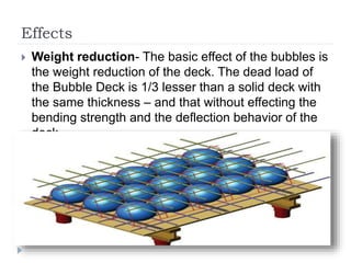 Effects
 Weight reduction- The basic effect of the bubbles is
the weight reduction of the deck. The dead load of
the Bubble Deck is 1/3 lesser than a solid deck with
the same thickness – and that without effecting the
bending strength and the deflection behavior of the
deck.
 