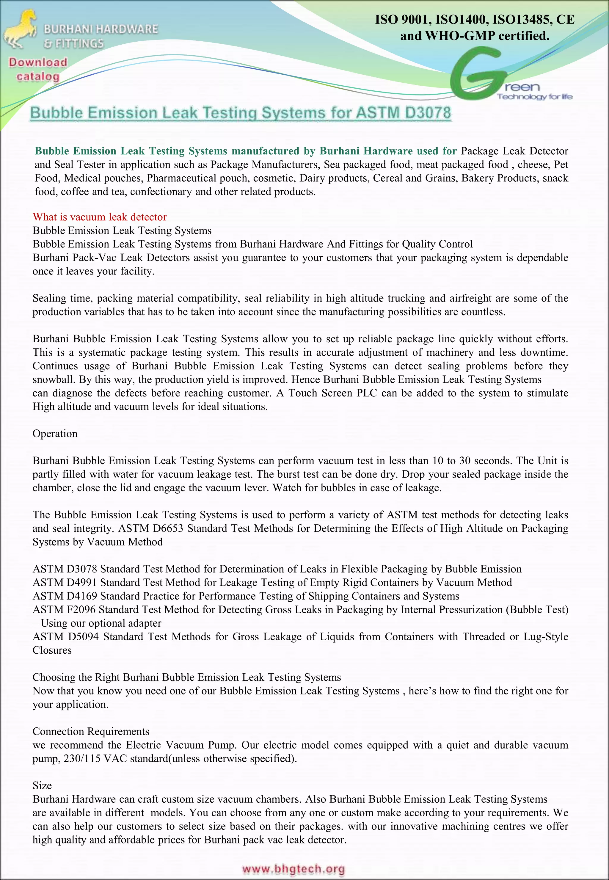 Bubble emission leak testing systems for astm d3078 PDF