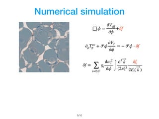 Numerical simulation
/105
□ ϕ =
∂Veﬀ
∂ϕ
+δf
∂μTμν
p + ∂ν
ϕ
∂VT
∂ϕ
= − ∂ν
ϕ ⋅ δf
δf =
∑
i=B,F
gi
dm2
i
dϕ ∫
d3 ⃗k
(2π)3
δfi...