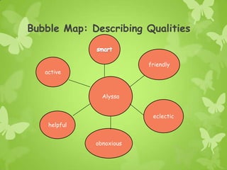 Bubble Map: Describing Qualities


                          friendly
   active



                Alyssa


                           eclectic
    helpful


              obnoxious
 