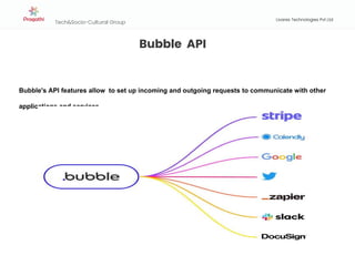 Tech&Socio-Cultural Group
PRESENTATION
TITLE
Livares Technologies Pvt Ltd
Bubble API
Bubble's API features allow to set up incoming and outgoing requests to communicate with other
applications and services
 