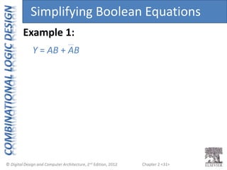 Chapter 2 <31>
Y = AB + AB
Simplifying Boolean Equations
Example 1:
 