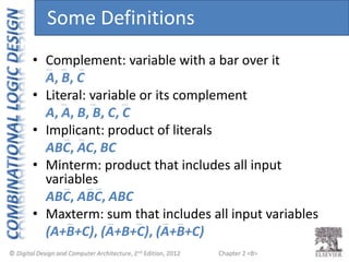 Chapter 2 <8>
• Complement: variable with a bar over it
A, B, C
• Literal: variable or its complement
A, A, B, B, C, C
• Implicant: product of literals
ABC, AC, BC
• Minterm: product that includes all input
variables
ABC, ABC, ABC
• Maxterm: sum that includes all input variables
(A+B+C), (A+B+C), (A+B+C)
Some Definitions
 