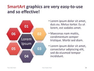 SmartArt graphics are very easy-to-use
and so effective!
Lorem
Ipsum
01
02
03
04
05
06
• Lorem ipsum dolor sit amet,
duis eu. Metus tortor. Eu ut
lorem, est sodales amet.
• Maecenas nam mattis,
condimentum semper
tristique. Morbi sed diam.
• Lorem ipsum dolor sit amet,
consectetur adipiscing elit,
sed do eiusmod tempor
incididunt.
Your Date Here Your Footer Here 18
 
