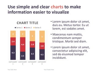 Use simple and clear charts to make
information easier to visualize
4.3
2.5
3.5 4.5
2.4
4.4 1.8
2.8
2 2
3 5
CATEGORY
1
CATEGORY
2
CATEGORY
3
CATEGORY
4
CHART TITLE
Series 1 Series 2 Series 3
• Lorem ipsum dolor sit amet,
duis eu. Metus tortor. Eu ut
lorem, est sodales amet.
• Maecenas nam mattis,
condimentum semper
tristique. Morbi sed diam.
• Lorem ipsum dolor sit amet,
consectetur adipiscing elit,
sed do eiusmod tempor
incididunt.
Your Date Here Your Footer Here 19
 