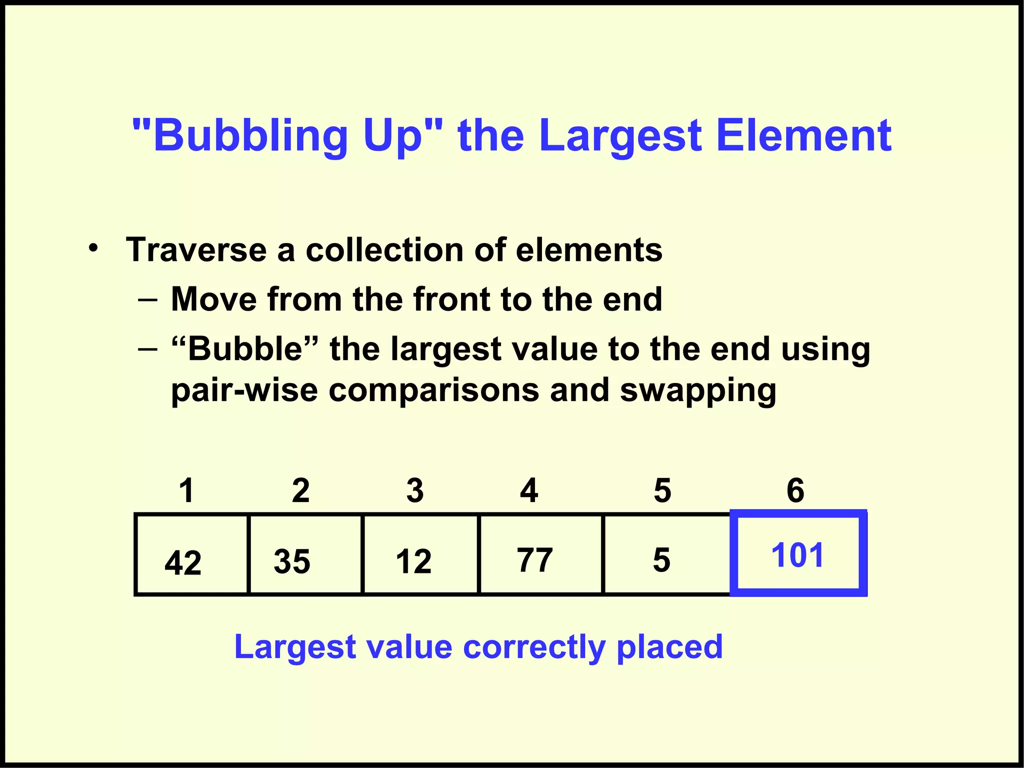 "Bubbling Up" the Largest Element
• Traverse a collection of elements
– Move from the front to the end
– “Bubble” the largest value to the end using
pair-wise comparisons and swapping
77123542 5
1 2 3 4 5 6
101
Largest value correctly placed
 