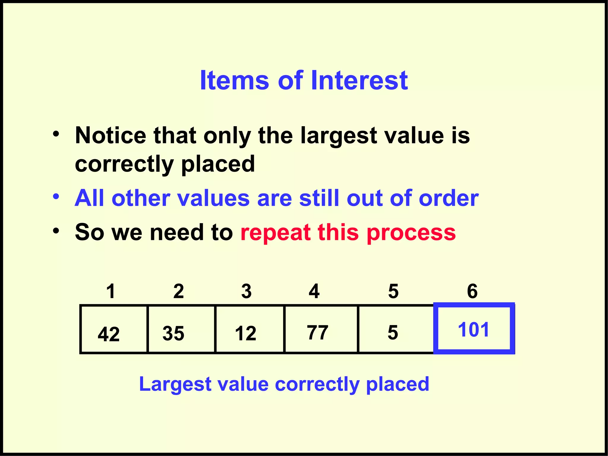 Items of Interest
• Notice that only the largest value is
correctly placed
• All other values are still out of order
• So we need to repeat this process
77123542 5
1 2 3 4 5 6
101
Largest value correctly placed
 