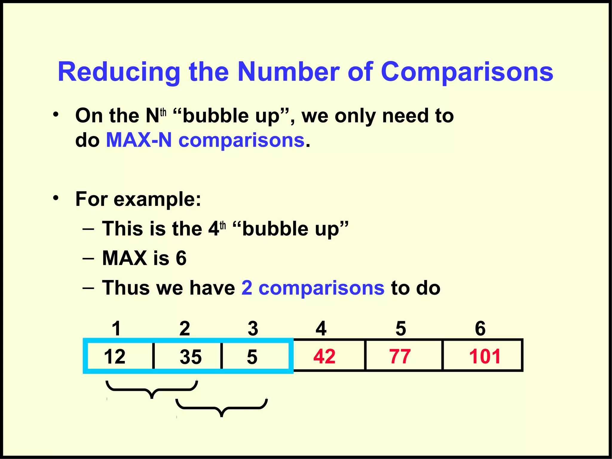 Reducing the Number of Comparisons
• On the Nth
“bubble up”, we only need to
do MAX-N comparisons.
• For example:
– This is the 4th
“bubble up”
– MAX is 6
– Thus we have 2 comparisons to do
4253512 77
1 2 3 4 5 6
101
 