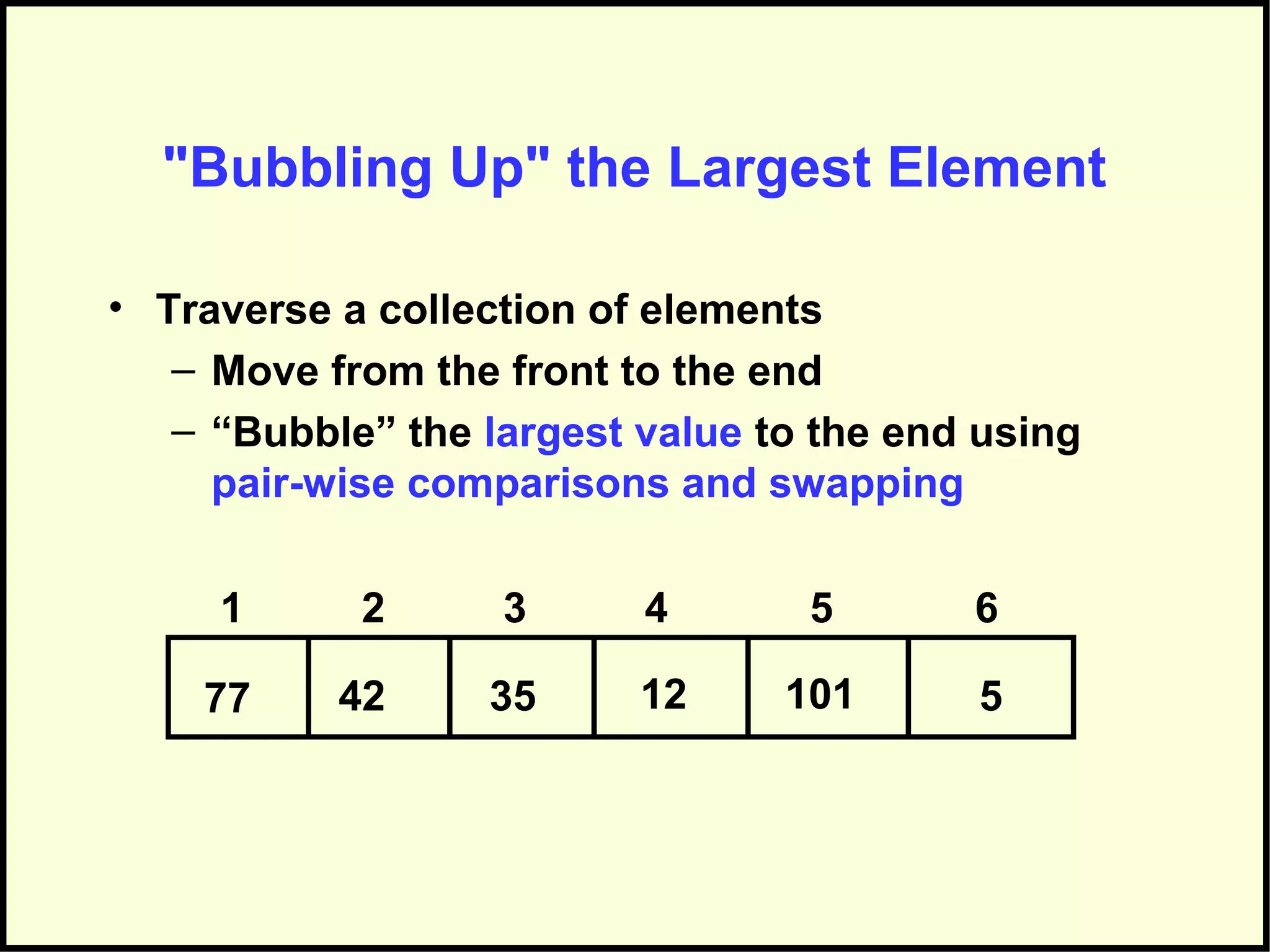 "Bubbling Up" the Largest Element
• Traverse a collection of elements
– Move from the front to the end
– “Bubble” the largest value to the end using
pair-wise comparisons and swapping
512354277 101
1 2 3 4 5 6
 