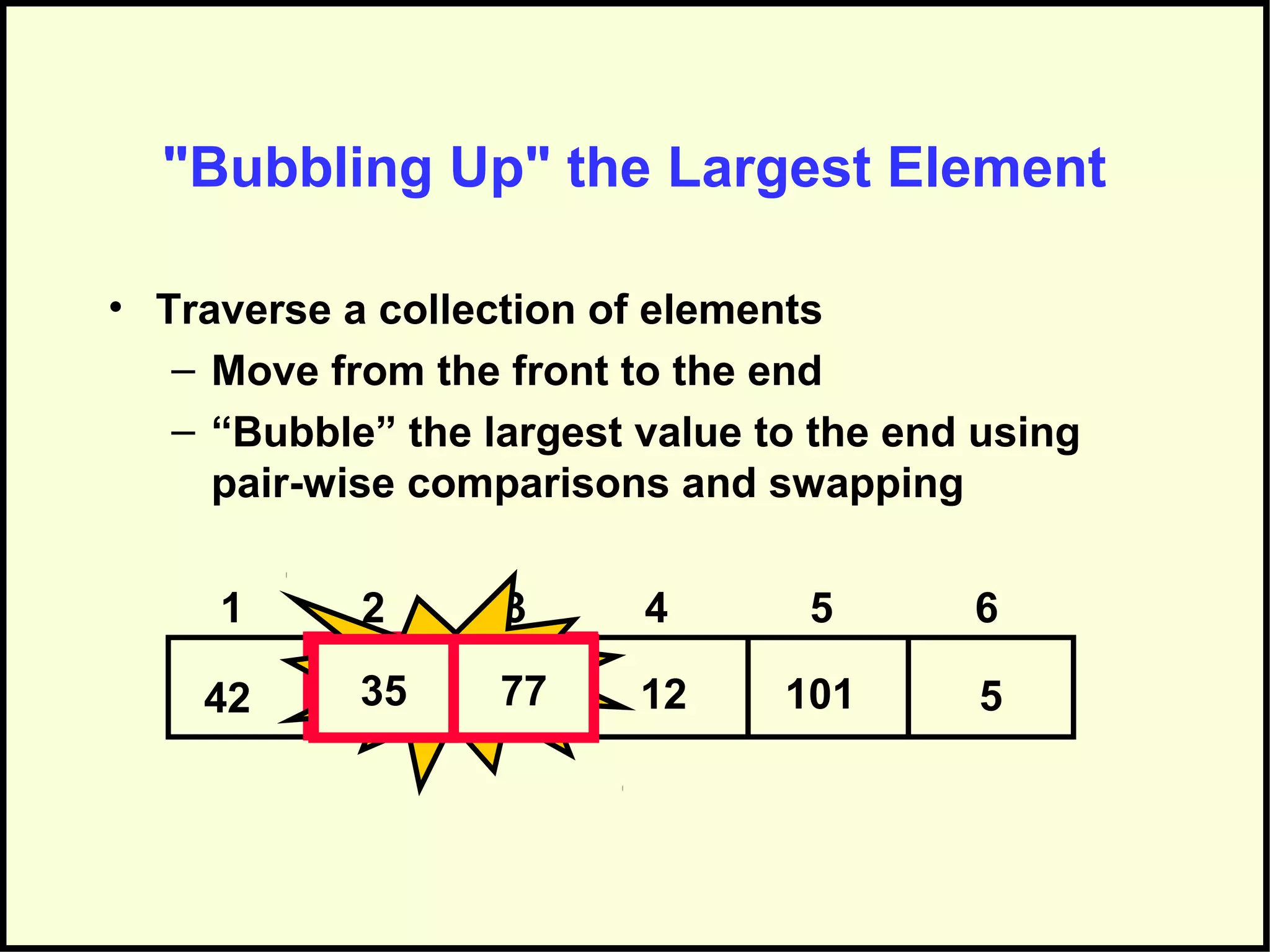"Bubbling Up" the Largest Element
• Traverse a collection of elements
– Move from the front to the end
– “Bubble” the largest value to the end using
pair-wise comparisons and swapping
512357742 101
1 2 3 4 5 6
Swap35 77
 