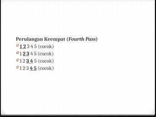 Perulangan Keempat (Fourth Pass)
0 1 2 3 4 5 (cocok)
0 1 2 3 4 5 (cocok)
0 1 2 3 4 5 (cocok)
0 1 2 3 4 5 (cocok)
 