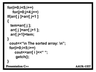 for(i=0;i<5;i++)
for(j=0;j<4;j++)
If(arr[ j ]>arr[ j+1 ]
{
tem=arr[ j ];
arr[ j ]=arr[ j+1 ];
arr[ j+1]=tem;
}
cout<<“n The sorted array: n”;
for(i=0;i<5;i++)
cout<<arr[ i ]<<“ “;
getch();
}
 