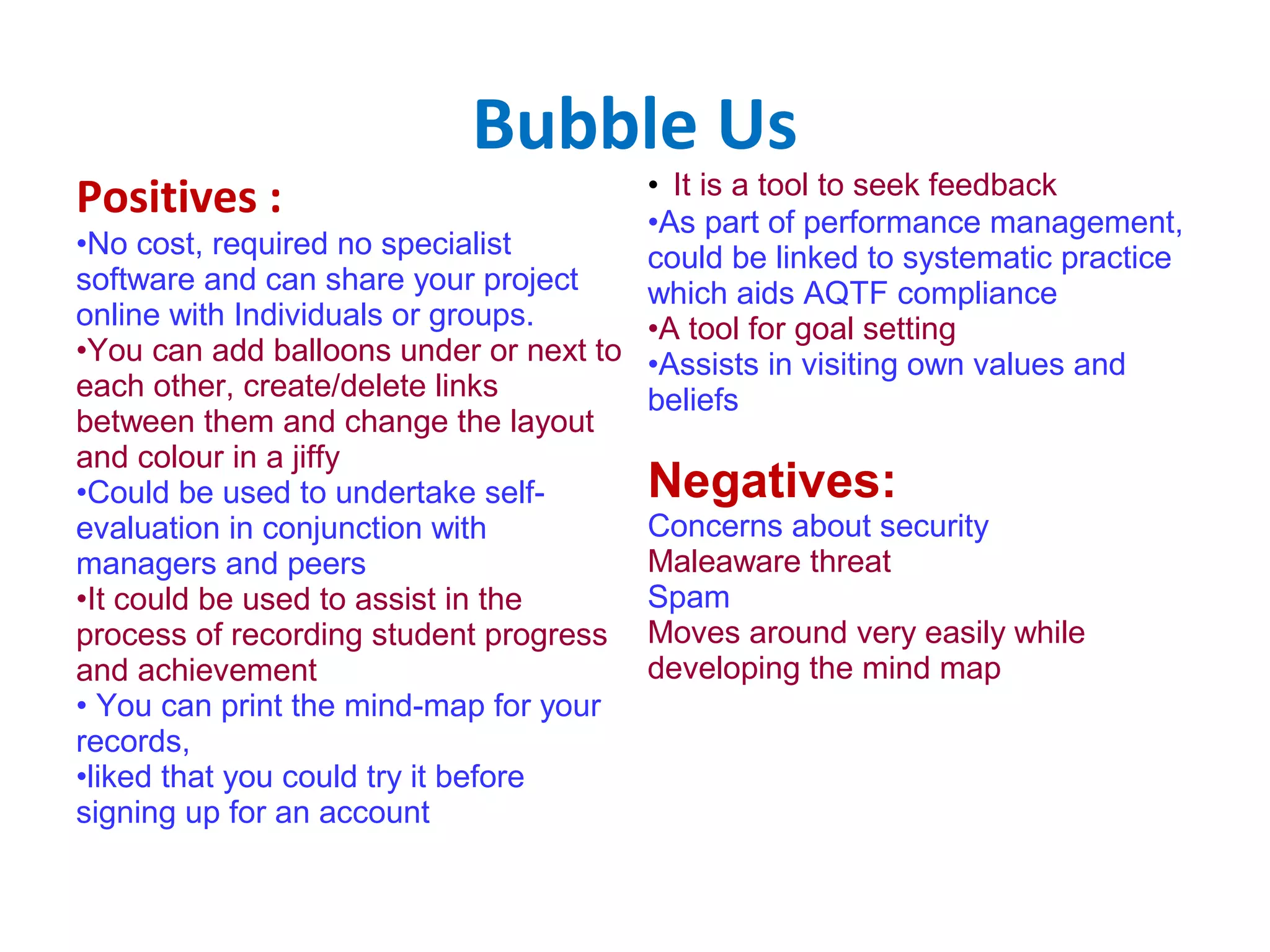 Bubble Us Positives : No cost, required no specialist software and can share your project online with Individuals or groups. You can add balloons under or next to each other, create/delete links between them and change the layout and colour in a jiffy Could be used to undertake self-evaluation in conjunction with managers and peers It could be used to assist in the process of recording student progress and achievement You can print the mind-map for your records, liked that you could try it before signing up for an account It is a tool to seek feedback As part of performance management, could be linked to systematic practice which aids AQTF compliance A tool for goal setting Assists in visiting own values and beliefs Negatives: Concerns about security Maleaware threat Spam Moves around very easily while developing the mind map