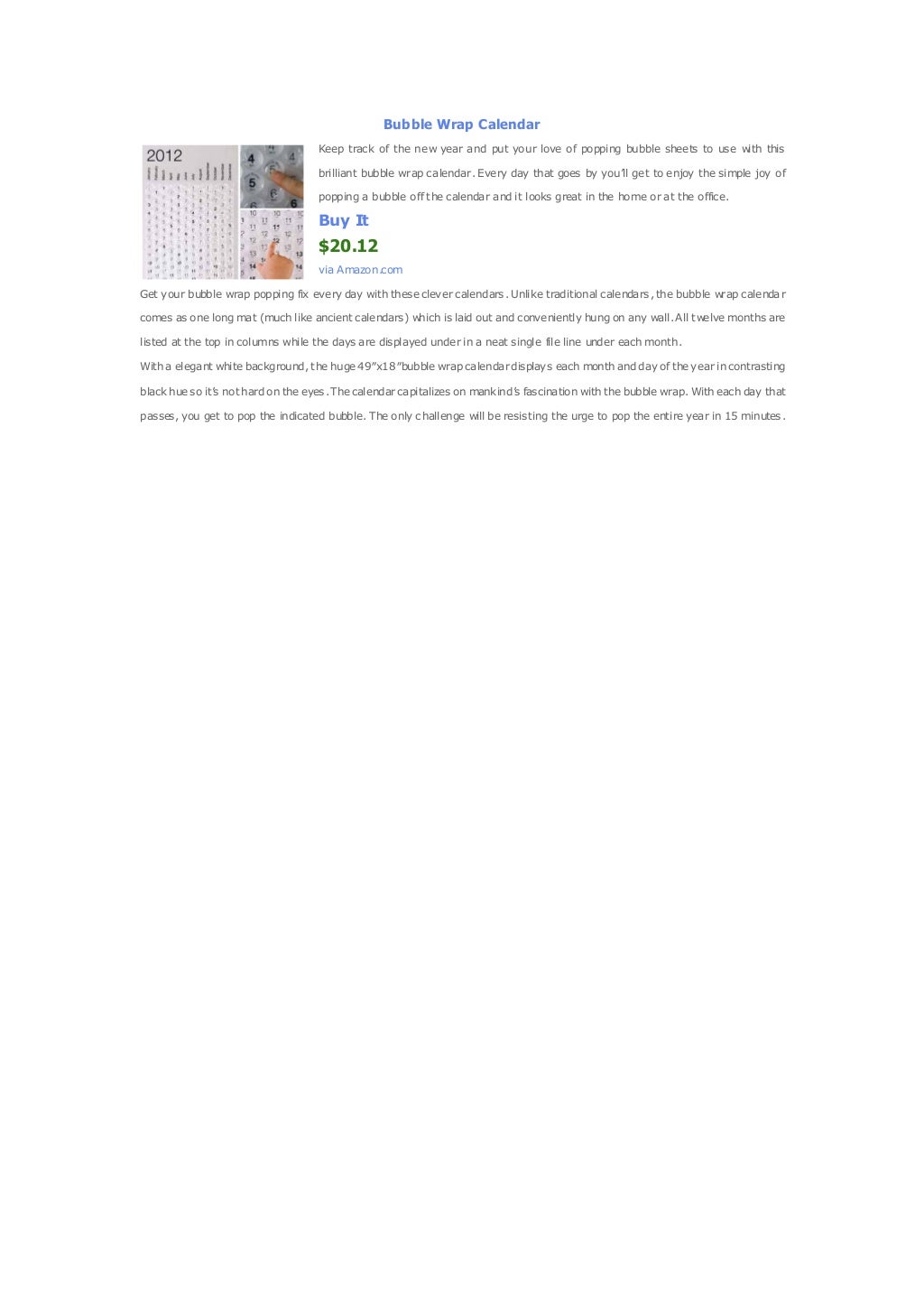 Bubble wrap calendar urban outfitters