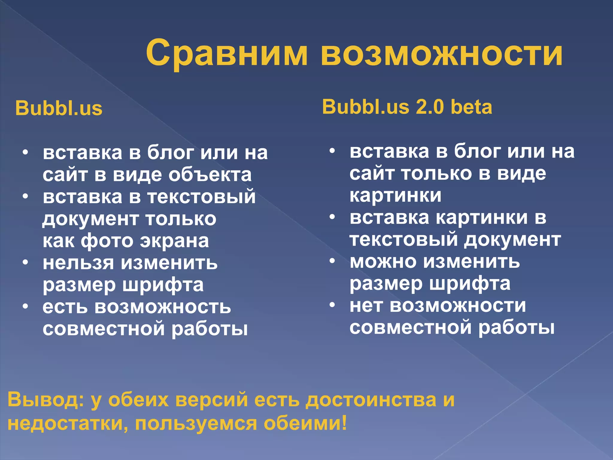 Bubbl.us     вставка в блог или на сайт в виде объекта вставка в текстовый документ только как фото экрана нельзя изменить размер шрифта есть возможность совместной работы Bubbl.us 2.0 beta   вставка в блог или на сайт только в виде картинки вставка картинки в текстовый документ  можно изменить размер шрифта нет возможности совместной работы Сравним возможности Вывод: у обеих версий есть достоинства и недостатки, пользуемся обеими! 